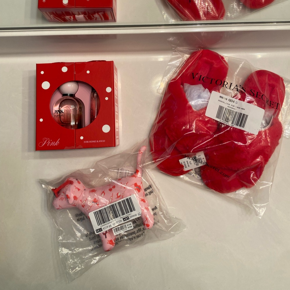 Pink VS Red Slippers Size Small with Fragrance and mini dog